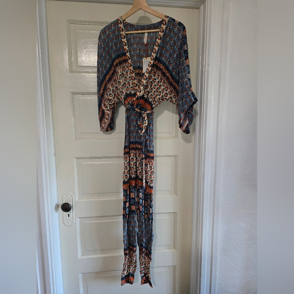 NEW RAGA Blue and Rust Patterned Tie-Waist Jumpsuit